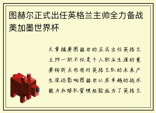 图赫尔正式出任英格兰主帅全力备战美加墨世界杯