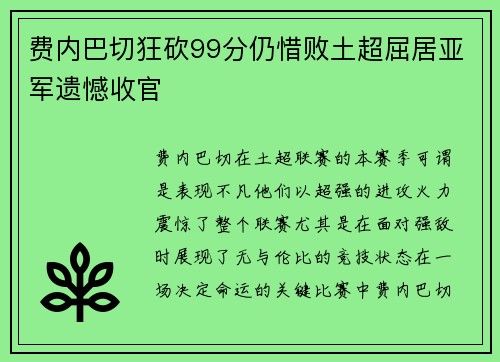 费内巴切狂砍99分仍惜败土超屈居亚军遗憾收官